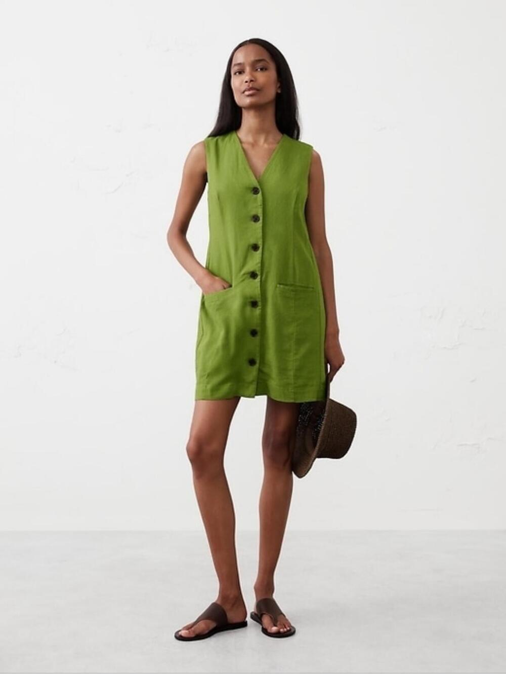 Banana Republic Linen-Blend Button-Front Mini Dress Charmed Green SMALL